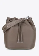 Torebki damskie - Damska torebka worek z imitacji skóry z dżetami ciemny beż - miniaturka - grafika 1