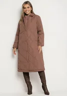 Płaszcze damskie - Brązowy Długi Płaszcz Kurtka z Kołnierzem i Pikowaniem Semere - miniaturka - grafika 1