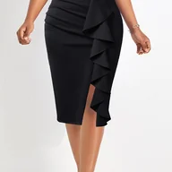 Spódnice - TEMU Damska wysoka, ruchowana spódnica midi - czarna, jednokolorowa, płynny design, idealna do codziennego lub biurowego noszenia, stylowa i swobodna - miniaturka - grafika 1