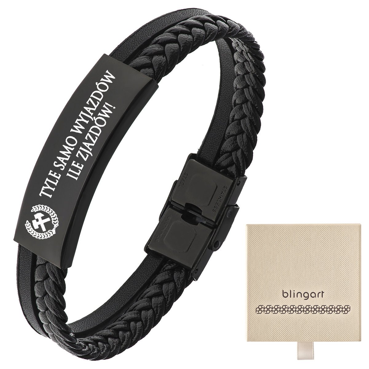 Bransoletka męska z GRAWEREM czarna plecionka blas