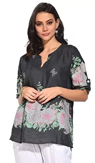 Koszulki i topy damskie - Bonateks damska top 100% lniana tunika Made in Italy, Tunezyjski top z kwiatowym nadrukiem i odpinanymi długimi rękawami, czarna, rozmiar: L, czarny, L - grafika 1