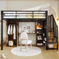 Łóżka dla dzieci i młodzieży - Łóżko piętrowe 90 x 200 cm z biurkiem, szafą i półkami - Metal + MDF - dla dzieci - Czarne (Materac nie jest wliczony w cenę) - miniaturka - grafika 1