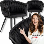 Krzesła - Krzesło Tapicerowane Welur Glamour ELENA Plecione Czarne Do Salonu Jadalni - miniaturka - grafika 1