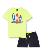 Spodenki damskie - Champion Chłopięcy Legacy Back to The Beach Ns S/S T-shirt & szorty plażowe komplet, (fluorescencyjny żółty/granatowy), 7-8 lat - miniaturka - grafika 1