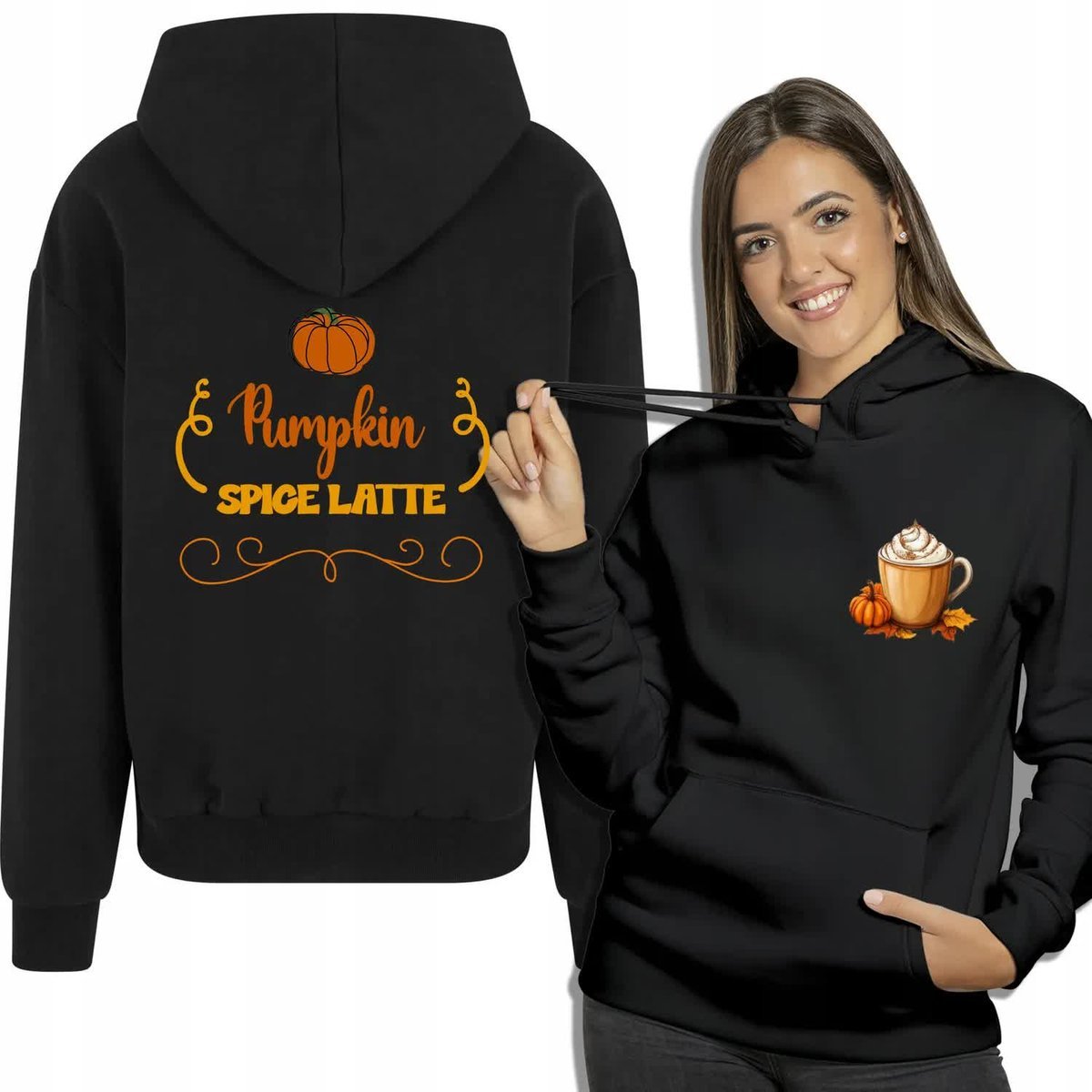 Czarna Bluza Damska Z Kapturem PUMPKIN SPICE LATTE Dla Jesieniary Rozmiar S