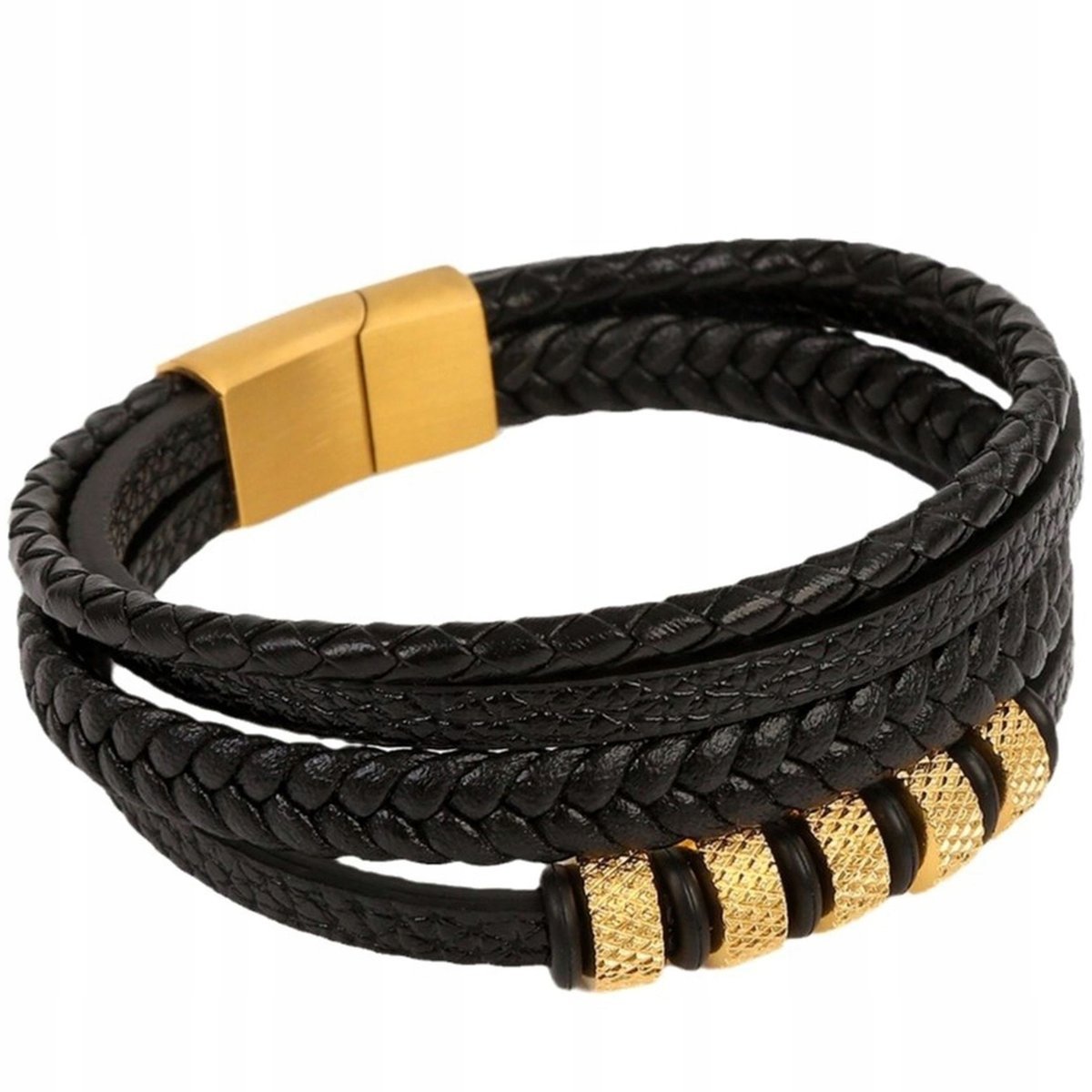 ZŁOTA BRANSOLETKA MĘSKA SKÓRZANA POCZWÓRNA NIERDZEWNA STAL CHIRURGICZNA