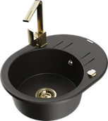 Zlewozmywaki z baterią - Mexen Kevin zlewozmywak granitowy 1-komorowy z ociekaczem i baterią kuchenną Rita, czarny/złoty metalik - 6517-75-670300-50 - miniaturka - grafika 1