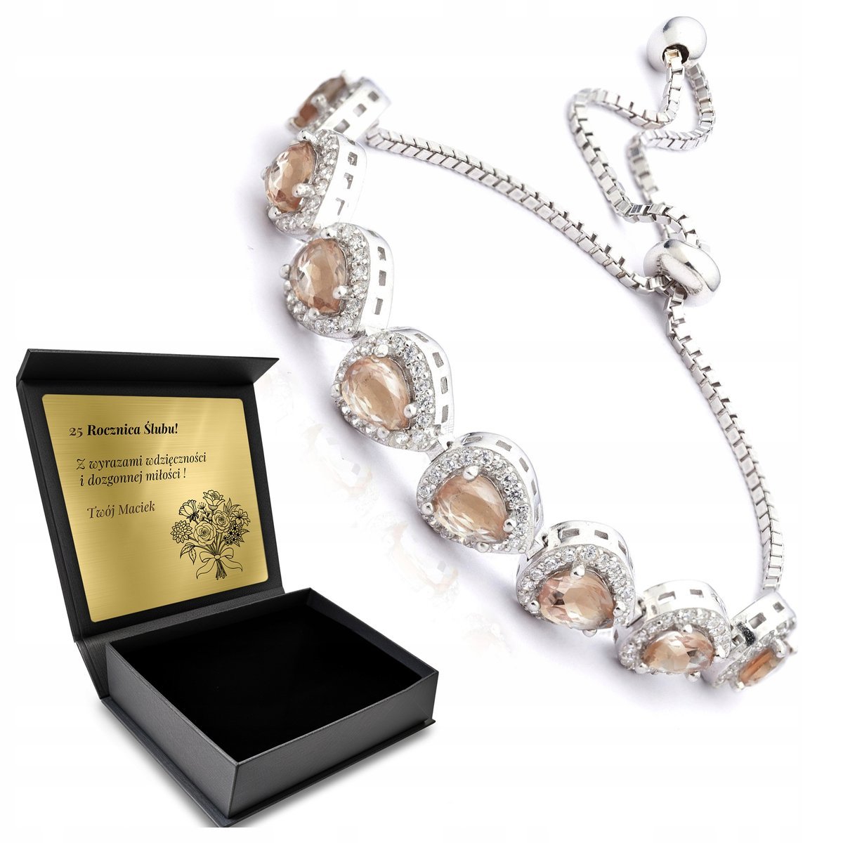 Bransoletka Srebrna 925 Ściągana Z Cyrkoniami Zultanitem Turecka Z Grawerem