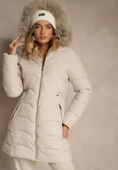 Kurtki damskie - Ciemnobeżowa Pikowana Kurtka o Taliowanym Kroju z Kapturem z Futerkiem Mindria - miniaturka - grafika 1