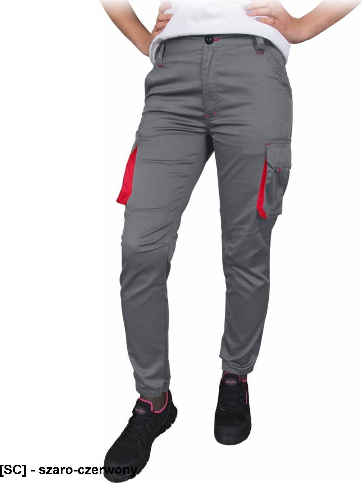 R.E.I.S. FRAU-JOG-T - Elastyczne spodnie ochronne do pasa FRAU-JOG, damskie 62% poliester, 35% bawełna, 3% elastan 240 g/m2 - szaro-czerwony- 36