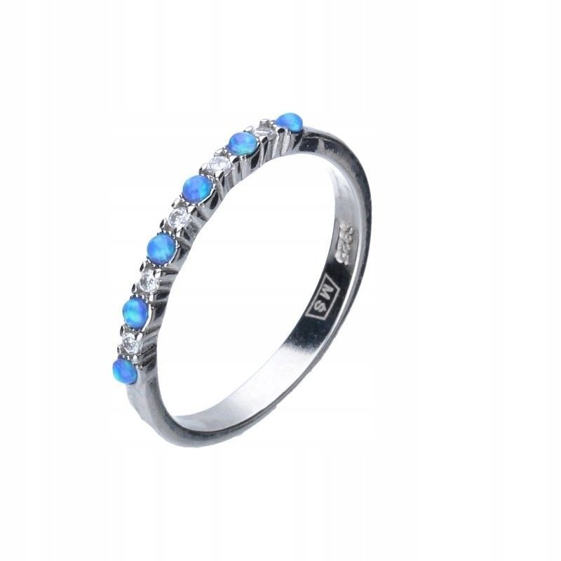 Damski srebrny pierścionek 925 OPAL niebieski cyrkonie elegancki design r18