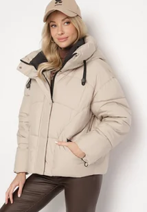 Beżowa Kurtka Pikowana o Pudełkowym Kroju z Kapturem i Ściągaczami Hediana - Kurtki damskie - miniaturka - grafika 1
