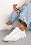 Trampki damskie - Beżowo-Białe Sznurowane Tenisówki z Ozdobną Taśmą na Tyle i Perforacją Kavinna - miniaturka - grafika 1