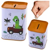 Skarbonki - Skarbonka Dinozaur W Samochodzie Nauka Oszczędzania Metalowa Biała 11x8cm - miniaturka - grafika 1