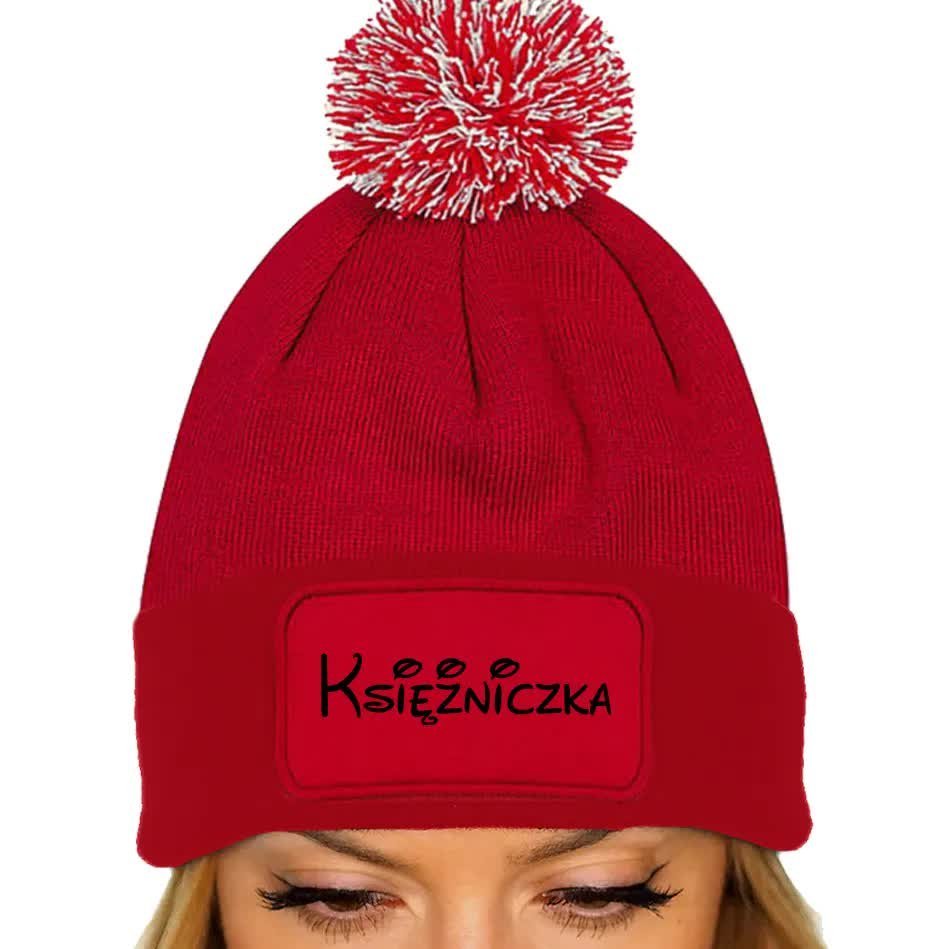CZAPKA POMPON Jesienna BAWEŁNIANA ZIMOWA Czerwona Na Prezent KSIĘŻNICZKA