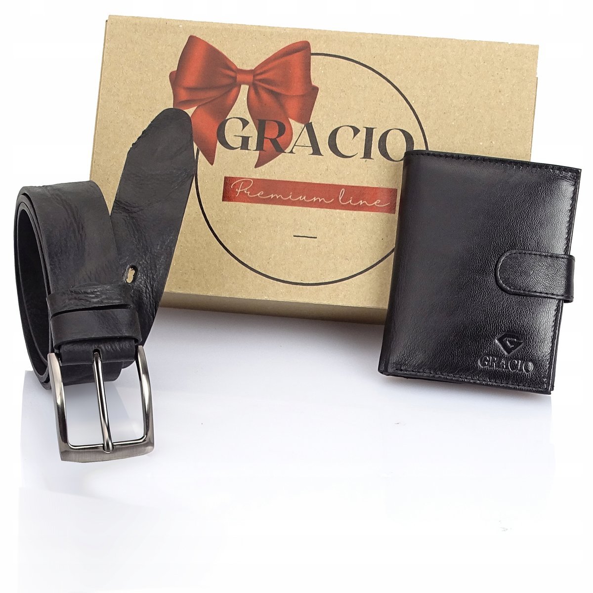 Zestaw urodzinowy dla mężczyzny CZARNY pasek skóra portfel skórzany GRACIO