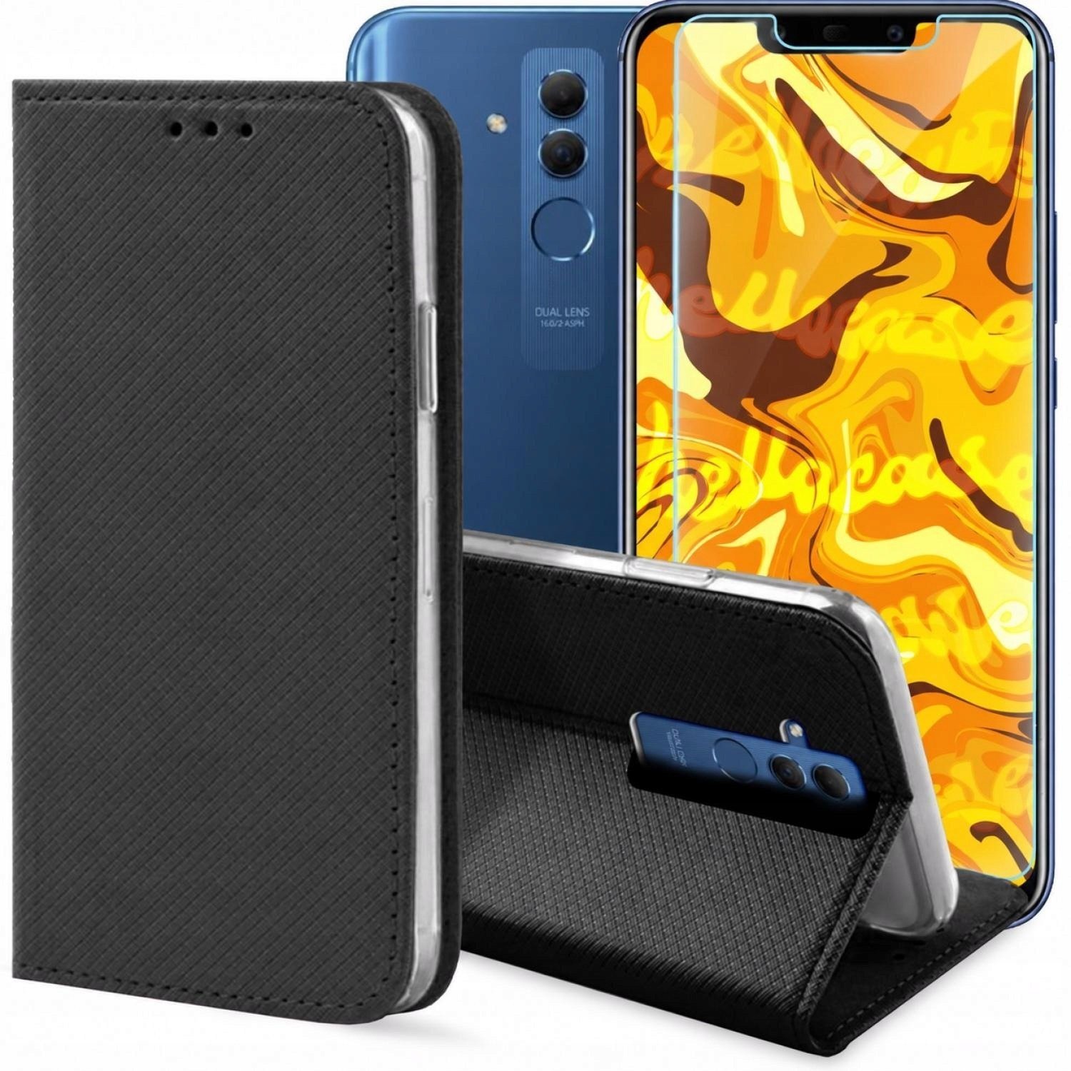 krainaGSM Etui z klapką do Huawei Mate 20 Lite czarne, zamykane, kabura szkło BNDL0458
