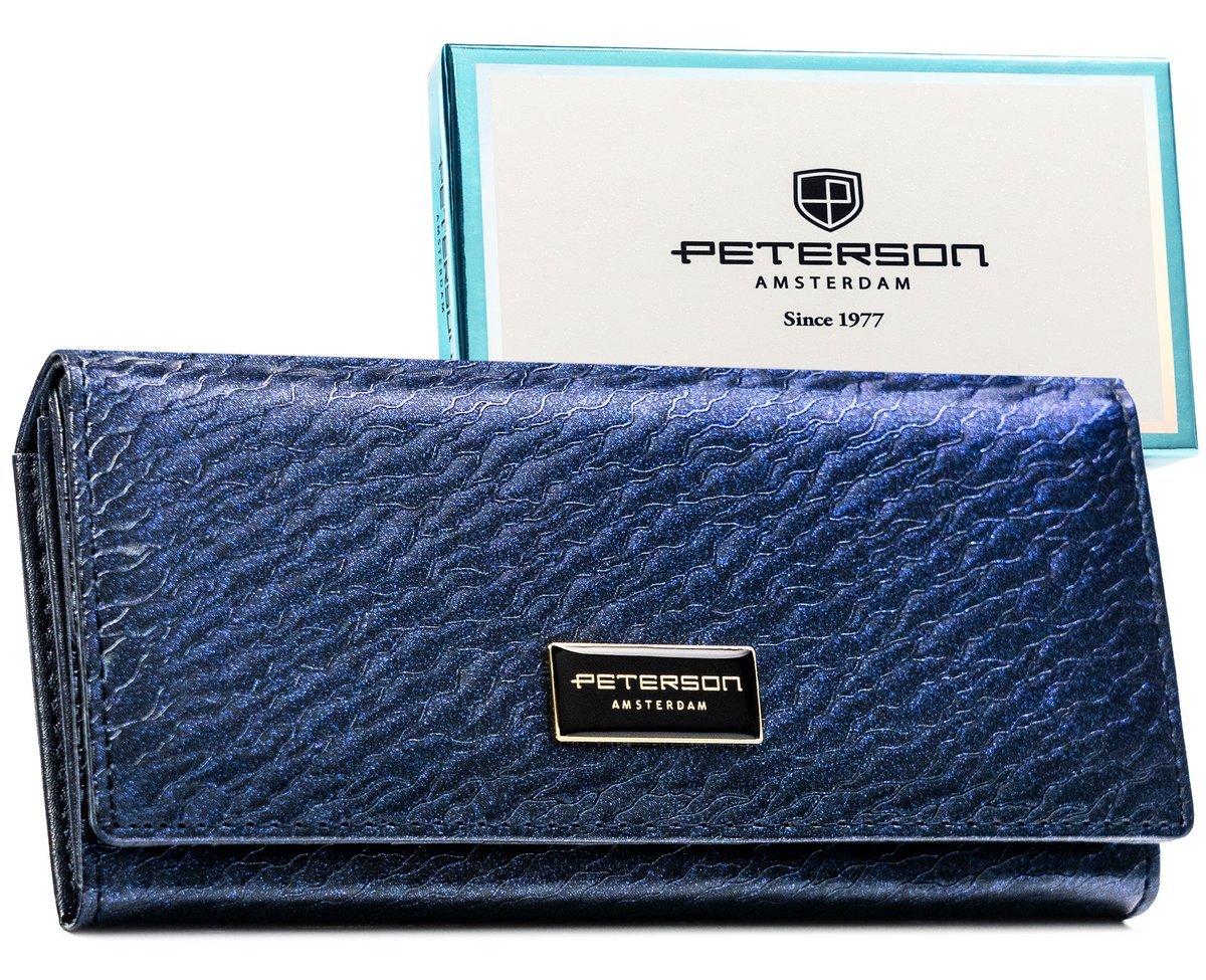 Portfel damski klasyczny granatowy skórzany PETERSON duży na zatrzask elegancki modny rfid