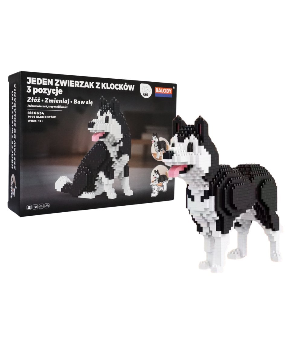 Klocki konstrukcyjne QBI Pies Piesek HUSKY 3w1 różne pozy 1046 elementów