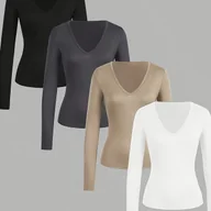 Bluzki damskie - TEMU Zestaw 4 sztuk Damskich Koszulek z Dekoltem w Serek i Długim Rękawem - Wygodne Bluzki z Podszewką Polarową w Kolorach Czarnym, Szarym, Beżowym i - miniaturka - grafika 1