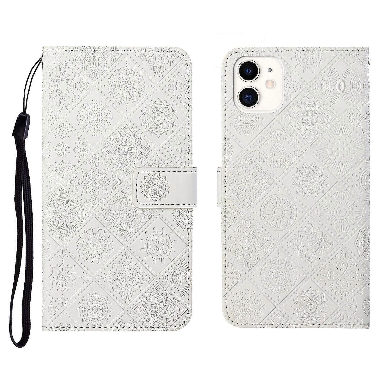 Dla iPhone'a 11 Etniczny styl z wytłoczonym wzorem Poziome skórzane etui z klapką z uchwytem i miejscami na karty oraz portfelem i smyczą Biały