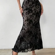 Spódnice - TEMU Elegancka i modna, dopasowana spódnica z wysokim stanem i kwiatową siateczką dla kobiet. - miniaturka - grafika 1