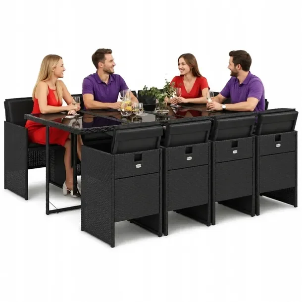 Zestaw mebli ogrodowych czarny, rattan PE, 220 x 106 x 73 cm, 8 krzeseł