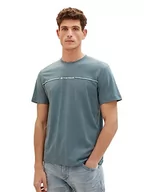 Koszulki męskie - T-shirt męski TOM TAILOR z nadrukiem w paski i logo, 32506-zakurzony ciemny turkusowy, XL - miniaturka - grafika 1
