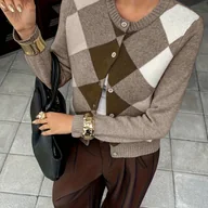 Swetry damskie - TEMU Pariaura Damski Casualowy Kardigan w Stylu College z Rombowym Patchworkiem, Długi Rękaw, Okrągły Dekolt, Ciepły na Boże Narodzenie i Jesień ASD1 - miniaturka - grafika 1