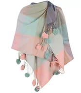 Apaszki i szaliki damskie - Szal szalik ciepła chusta w kratkę z pomponami - miniaturka - grafika 1