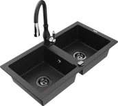 Zlewozmywaki z baterią - Mexen Mario zlewozmywak granitowy 2-komorowy z baterią kuchenną Savita, czarny/srebrny metalik - 6504-73-672601-70-B - miniaturka - grafika 1