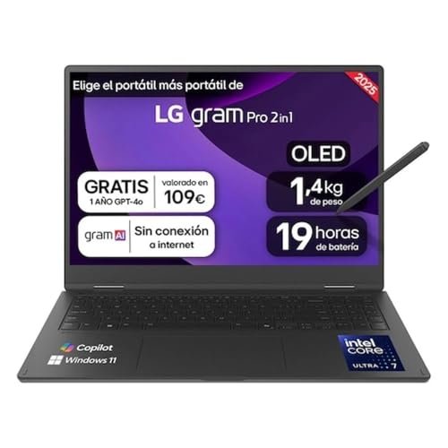 LG gram 16T90TP-K.AD88B Komputer przenośny 16-calowy Intel Core Ultra7 255H, 32 GB RAM, 1 TB SSD, Wielopanel OLED, WQXGA+, 1399 g, 19 godzin, Windows 11 Home, klawiatura QWERTY