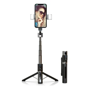 UCHWYT SELFIE - z odpinanym pilotem bluetooth, tripodem i lampami LED - P96D-2 CZARNY - Selfie stick - miniaturka - grafika 1