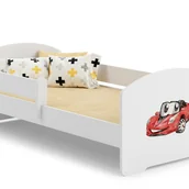 Łóżka dla dzieci i młodzieży - Białe Łóżko Dziecięce 160x80 cm z Rysunkiem Samochodu i Barierką – W Zestawie Piankowy Materac i Pełna Konstrukcja, Wymiary 164x88x63 cm - miniaturka - grafika 1