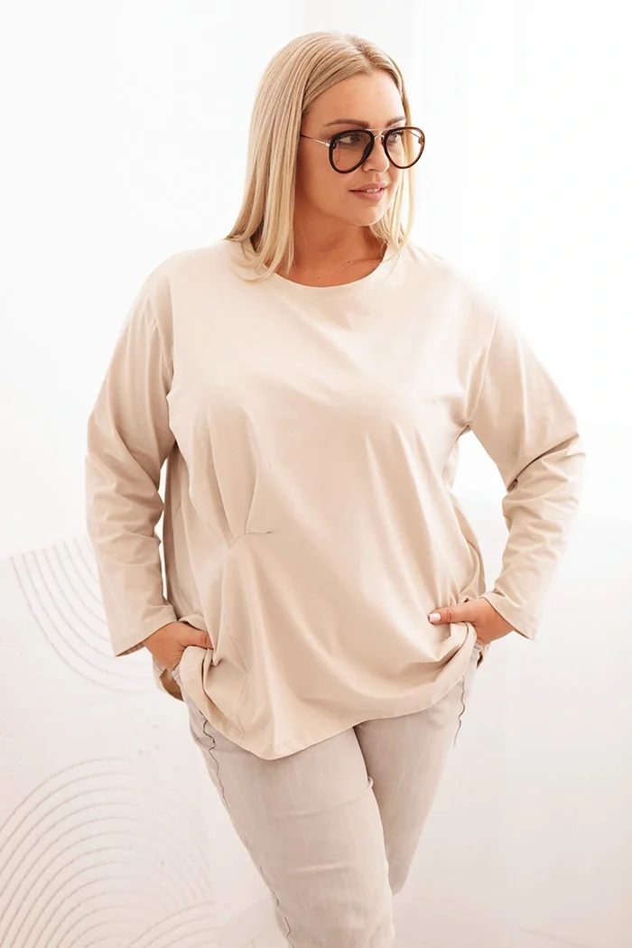 Bluzka damska plus size z bawełną z długim rękawem i marszczeniem beżowa Beżowy