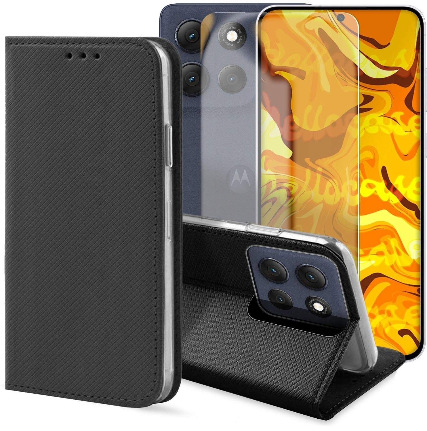 Etui z Klapką Do Motorola Moto G86 Power Czarne, Zamykane, Kabura Szkło