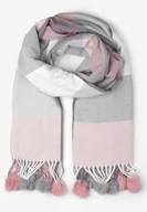 Apaszki i szaliki damskie - Różowy Szalik w Szeroką Kratę z Pomponami Voso - miniaturka - grafika 1