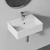 Umywalki - HOROW Umywalka ceramiczna, biała, kwadratowa, ścienna, do montażu na ścianie lub blacie, z otworem na baterię i przelewem, 45 x 31 x 13.5 cm - miniaturka - grafika 1