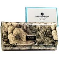 Portfele - Duży złoty portfel damski z kwiatowym wzorem PETERSON lakierowany ze skóry naturalnej i ekologicznej pojemny na zatrzask elegancki pudełko prezentow.. - miniaturka - grafika 1