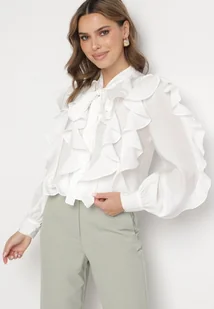 Biała Koszula z Wiskozą o Luźnym Kroju z Falbanami i Wiązaniem Ravionel - Koszule damskie - miniaturka - grafika 1