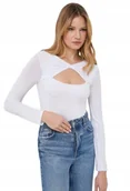 Bluzki damskie - GUESS BIAŁA BLUZKA Z DŁUGIM RĘKAWEM Z WYCIĘCIEM PRZEDNI XL I1B - miniaturka - grafika 1