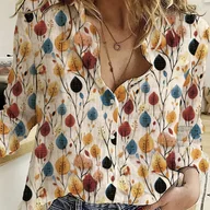 Koszule damskie - TEMU Bluzka Damska z Lekkim Nadrukiem Kwiatowym - Długi Rękaw, Zapinana na Guziki Koszula w Kolorach Pomarańczy, Czerwieni i Żółci na Białym Tle - - miniaturka - grafika 1