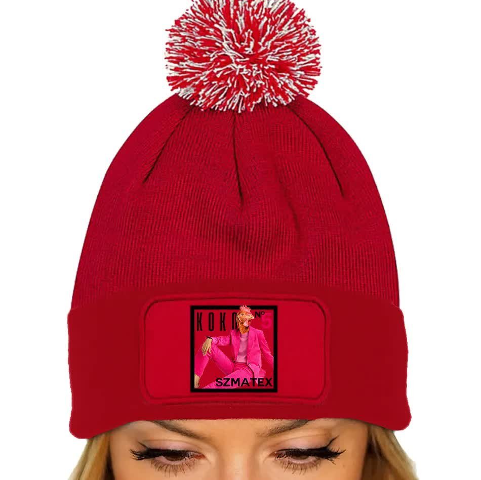 CZAPKA POMPON Zimowa Bawełniana Z Nadrukiem Czerwona Beanie KOKO SZMATEX