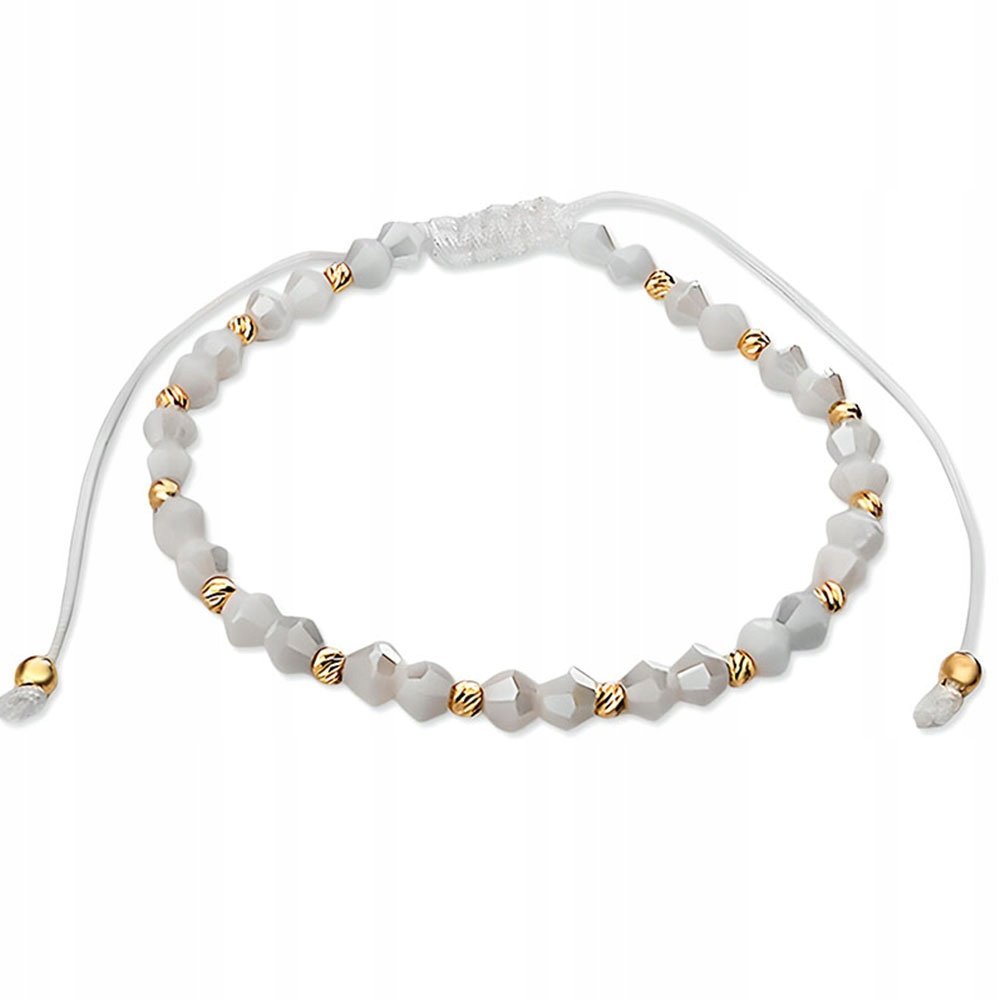 Złota bransoletka sznurkowa 585 białe kamienie z kuleczkami na prezent 14kt