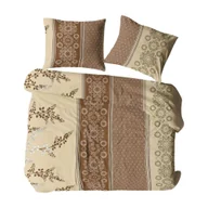 Pościel - Pościel z kory 160x200 beżowa brązowa kremowa liście paski ornamenty 1444N Bielawa KARO - miniaturka - grafika 1