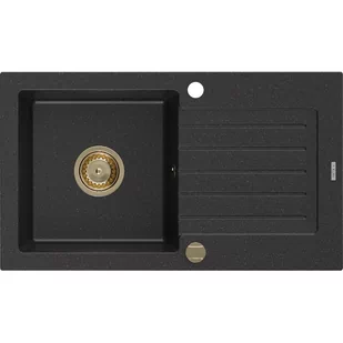 Mexen Pablo zlewozmywak granitowy 1-komorowy z ociekaczem 752 x 436 mm, czarny/srebrny metalik, syfon złoty - Zlewozmywaki - miniaturka - grafika 1