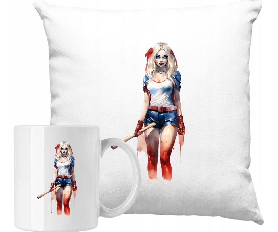 ZESTAW PODUSZKA + KUBEK Harley Quinn Batman Pomysł Na Prezent +IMIĘ