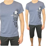 Piżamy damskie - Piżama męska jeans melanż z krótkim rękawem 3/4 spodnie bawełna XXL - miniaturka - grafika 1
