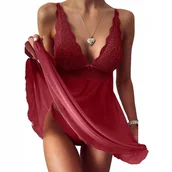 Bielizna nocna - KORONKOWY KOMPLET BIELIZNA NOCNA DAMSKA PIŻAMA KOSZULKA HALKA STRINGI KOLOR BORDO - miniaturka - grafika 1
