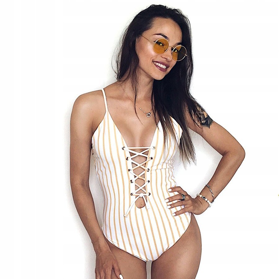 Strój Kąpielowy Jednoczęściowy W Paski, Wyszczuplający Wiązany, Rozmiar S